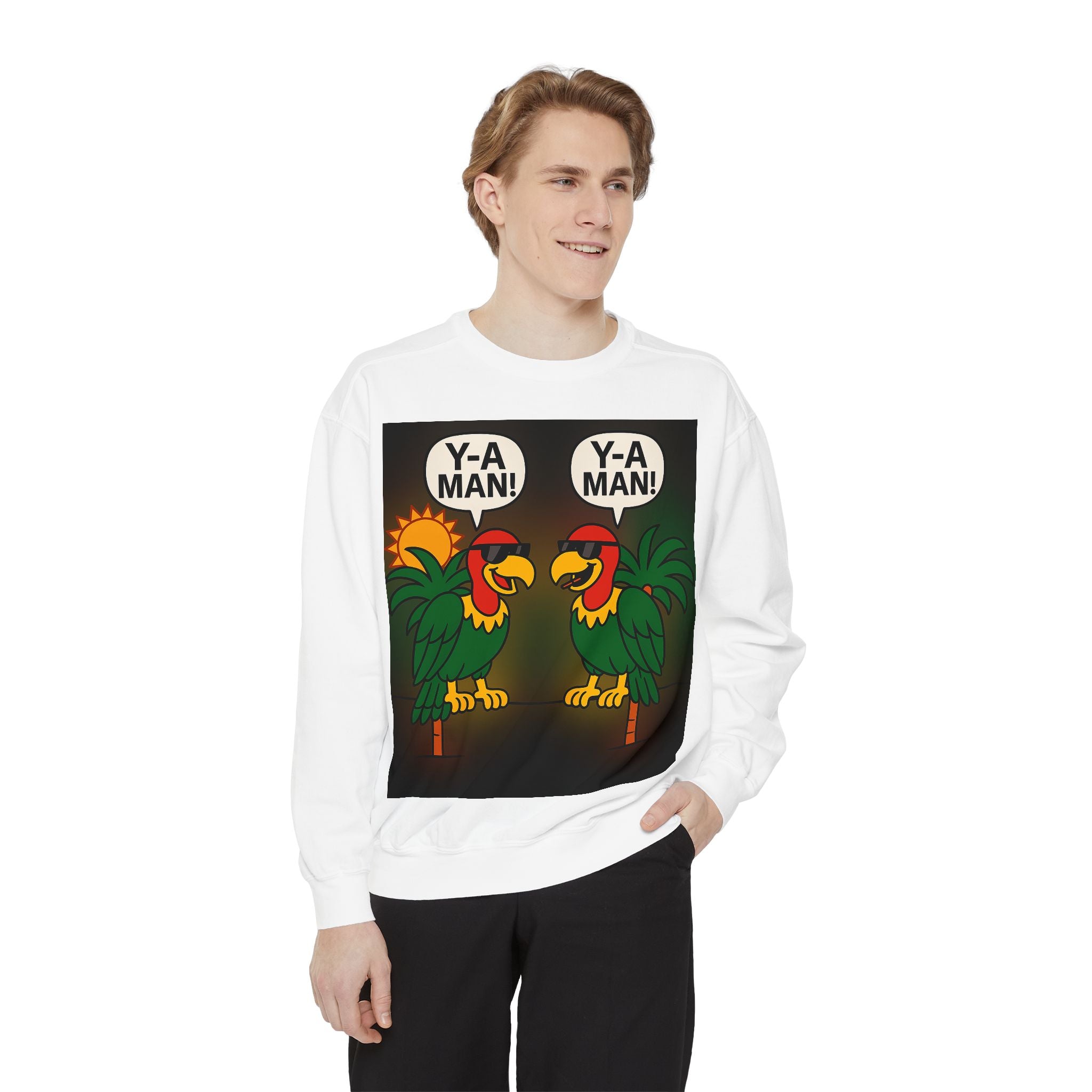 Colorful Parrot Sweatshirt - Y-A MAN! Pullover for Tropical Vibes, Casual Streetwear, Gift for Bird Lovers, Summer Fashion